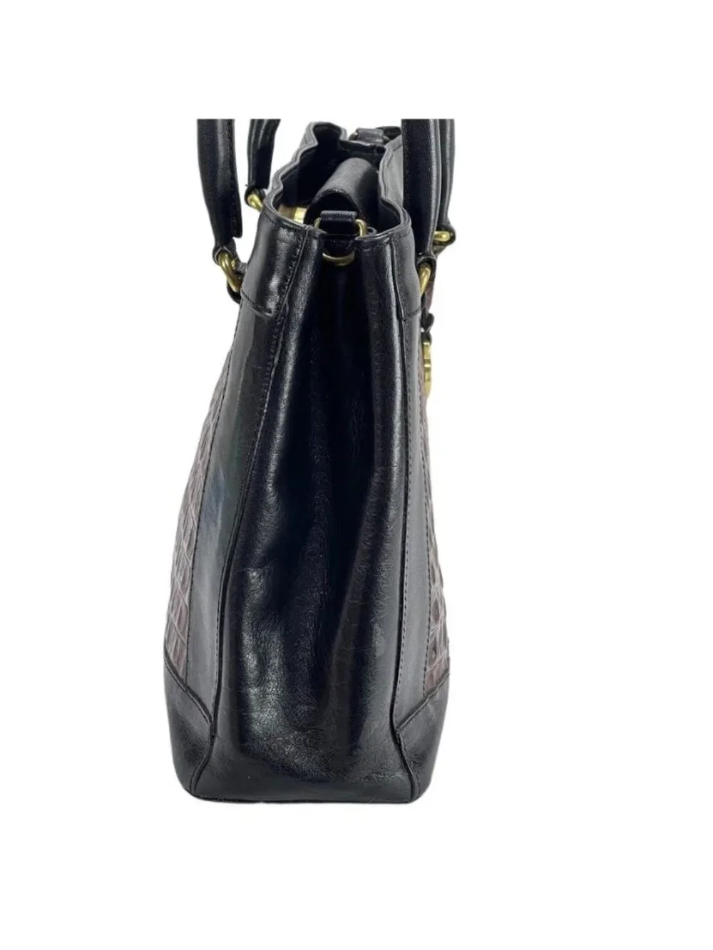 Vintage Brahmin Two-Tone Black & Brown Leather Crocodile Embossed Handbag With G